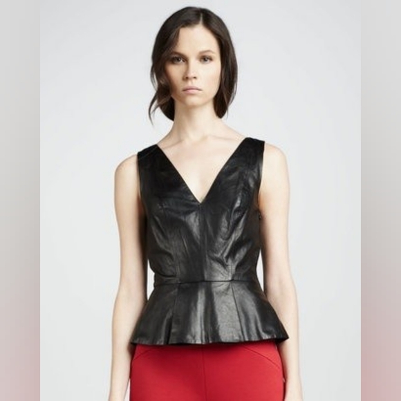 Robert Rodriguez Black V-Neck Leather Sleeveless Peplum Top Mesh Back Size 8 - Picture 3 of 9